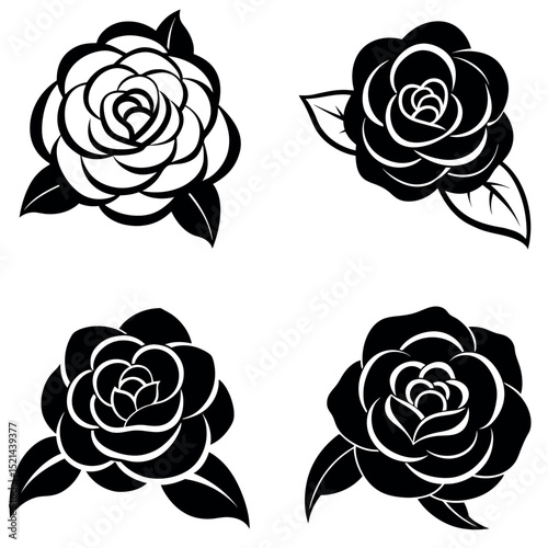 Four Black and White Floral Designs with Petals and Leaves on a White Background