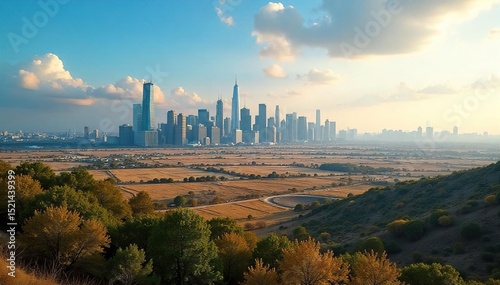 A cityscape skyline overlooking vast tracts of undeveloped land, symbolizing the potential for real estate investment and development opportunities , rental, loan