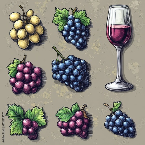 Colorful varieties of grapes and a glass of red wine displayed artistically in a vintage style