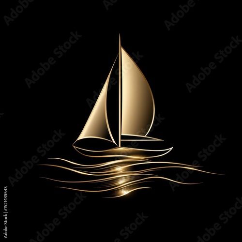 Elegant golden sailboat sailing on calm waters with gentle waves reflecting light