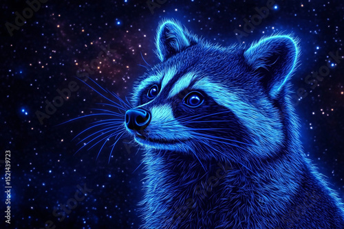 A captivating neon-lit raccoon gazing towards a brilliant expanse of stars and cosmic elements.