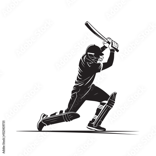 This image shows a silhouette of a cricket batsman in the middle of a powerful shot, depicting sportsmanship, accuracy, and focus, stylized in an elegant. Vector black silhouette.