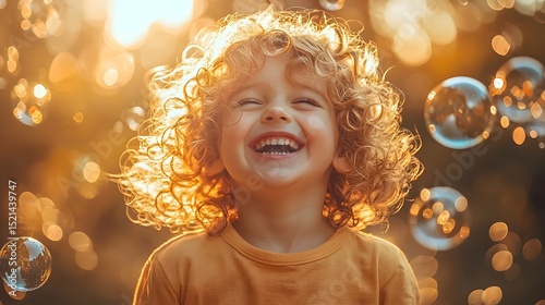 A delighted child bursting into laughter with bubbles surrounding them
