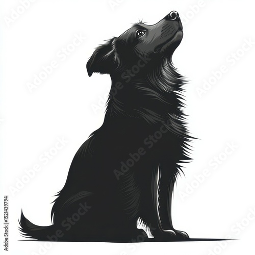 Black dog sitting quietly and looking up against a plain background