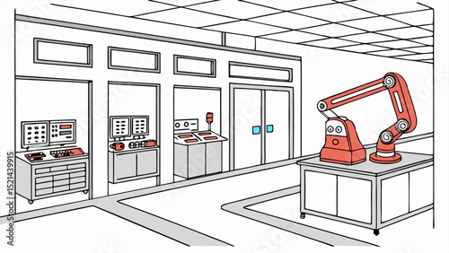 A factory setting with a robotic arm on a table and control panels in the background, white walls and floors