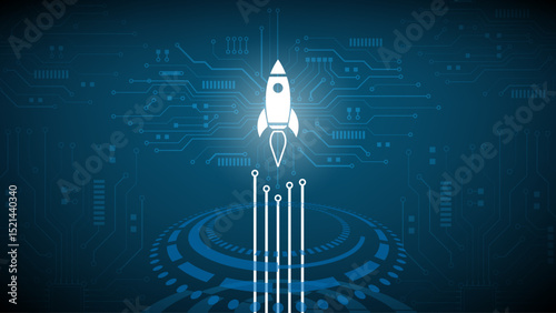 Rocket launching from digital platform with glowing light trails