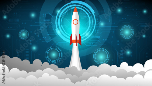 Rocket blasting through digital space with glowing circular interface and clouds
