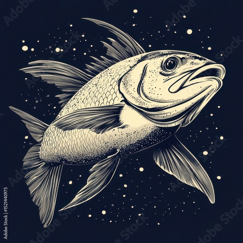 Detailed depiction of a fish swimming in dark waters with stars and bubbles in the background, capturing aquatic beauty
