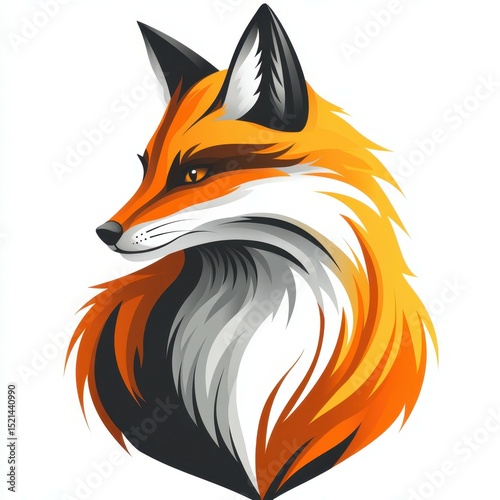 Stylized profile of a fox with vibrant orange and black fur against a white background