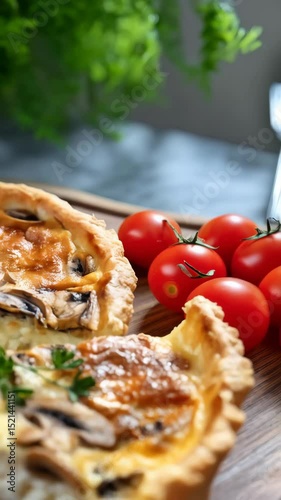 Macro shot showcasing two slices of savory mushroom quiche on wooden board with red tomatoes and greenery in the background.