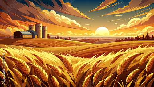 Golden wheat field with rolling hills and a dramatic sunset sky, silhouetted farm silos in the distance. Highly detailed cinematic natural landscape, vector illustration.