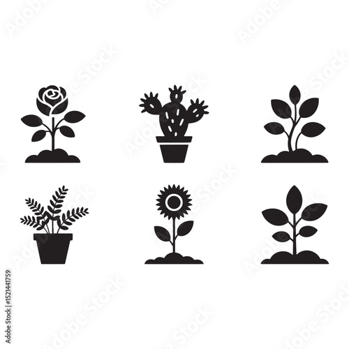 Black Silhouette of Assorted Potted Plants