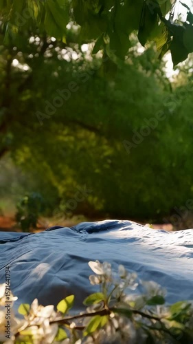Morning tea on a table covered with a light blue sheet, with blooming white flowers in the background, illuminated by sunlight.