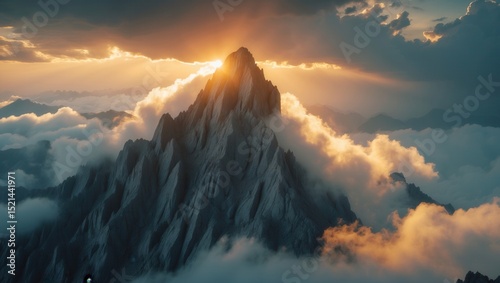 Majestic mountain peak surrounded by clouds at sunrise with golden sunlight breaking through the sky