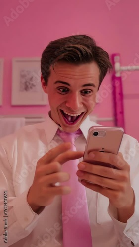 Excited young man looking at smartphone screen with joyful expression in a pink room, holding device with finger pointed.