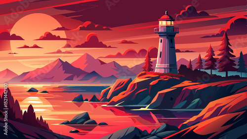 Sea lighthouse on a rocky coast with mountains, red sunset sky, and rising moon over a panoramic ocean bay, Vector illustration