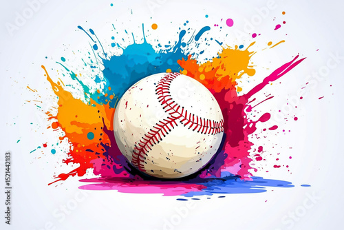 Vibrant baseball with colorful splashes on white background