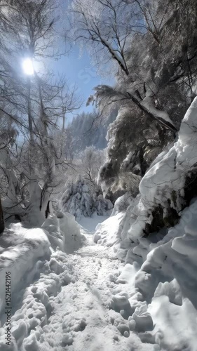 Snowy path through a winter forest on a bright day, covered in white snow, with sun shining through the trees