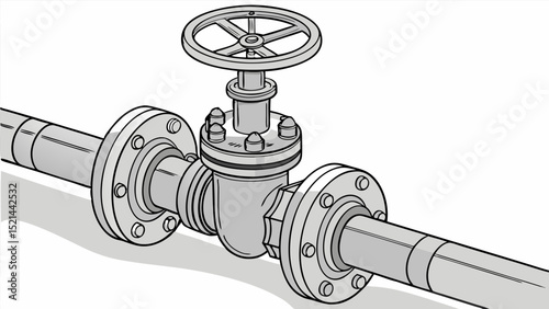 Illustration of a pipeline valve with flanges and a wheel handle in a technical drawing style