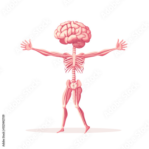Pixelated Anatomy Illustration of a Skeleton with Brain Standing on White Background in Pink Hues