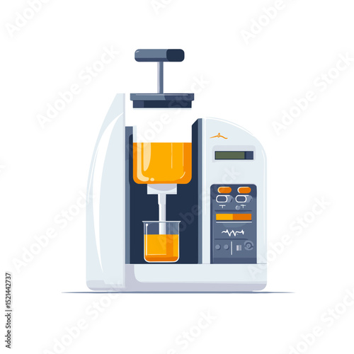 Pixelated Juice Machine Extracting Fresh Orange Juice into Glass Container on White Background