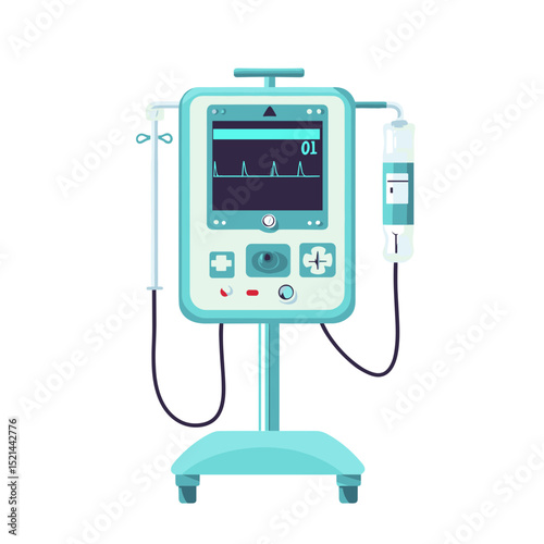 Pixelated Medical IV Drip Machine with Screen Displaying Heart Rate in White Background Health Concept