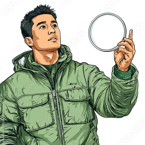 Portrait of Young Man in Green Winter Jacket Looking Upward with Circle Gesture on Isolated White Background