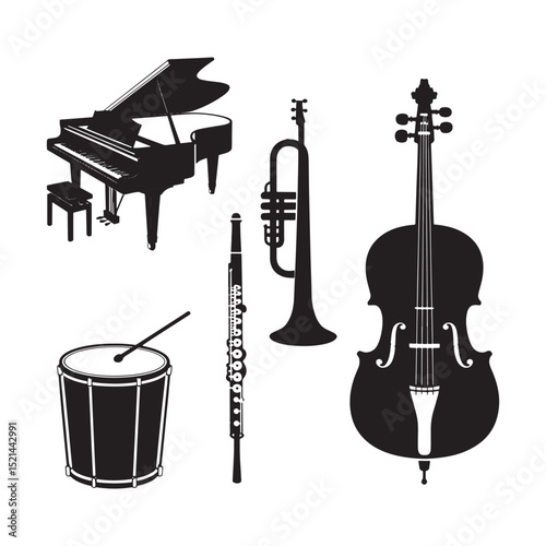 Black Silhouette of Classical Musical Instruments Grand Piano Violin Trumpet Drum
