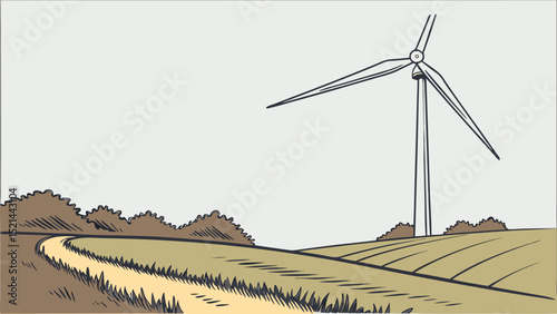 Illustration of a wind turbine in a field with a path and bushes under a light colored sky view scene