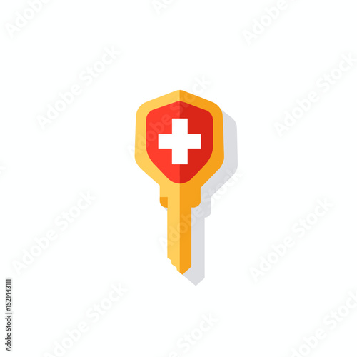 Red and Gold Shield Key with White Cross Symbol for Security Health and Access on White Background