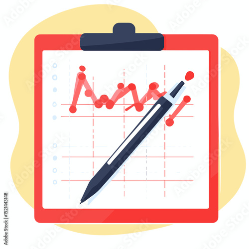 Red and White Business Chart with Pen on Clipboard with Soft Yellow Background and Red Accents Represents Analysis and Growth