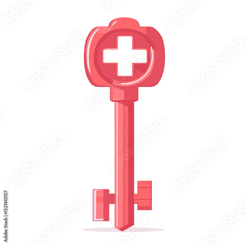 Red and White Key with Cross Symbol in a Cartoon Flat Design Isolated on White Background