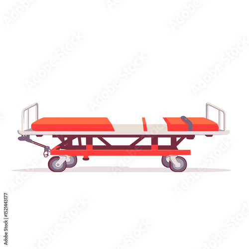 Red and White Emergency Medical Stretcher on Wheels Isolated on White Background for Hospital Use