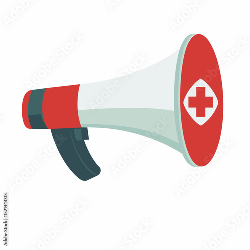 Red and White Megaphone with Plus Symbol on a White Background for Communication and Emergency Announcements