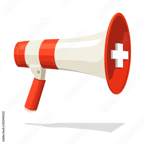 Red and White Megaphone with Plus Sign for Announcement or Medical Communication on White Background