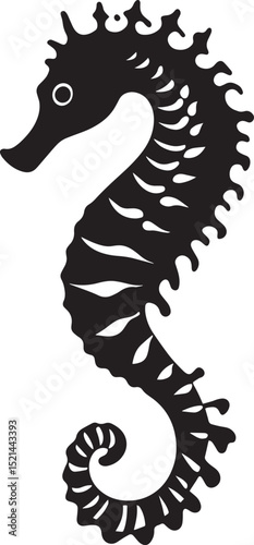 Seahorse Floating Body upright, tail loosely curled, drifting gently with the current. full length silhouette black vector illustration