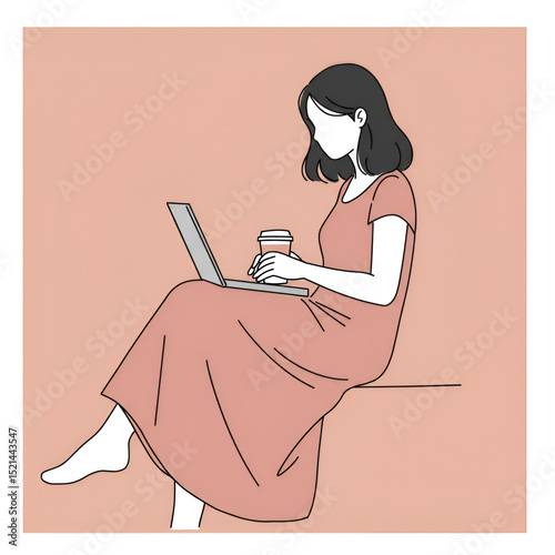 Minimalist illustration of a woman working remotely on her laptop, enjoying a coffee, ideal for themes of productivity, freelance, and casual work.

