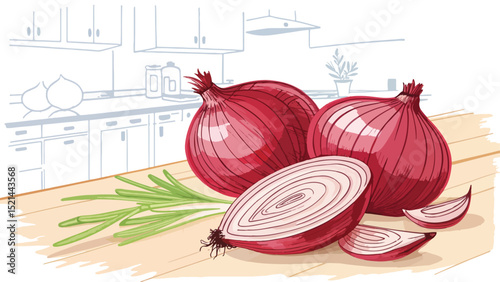 Onion and Cutting Board Kitchen Scene Illustration detailed