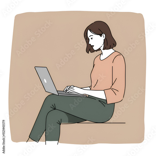 Modern flat illustration of a woman working on a laptop, ideal for concepts of remote work, online learning, productivity, and casual computing at home