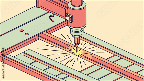 Illustration of a robotic arm welding metal frame with bright sparks and light rays in a factory setting