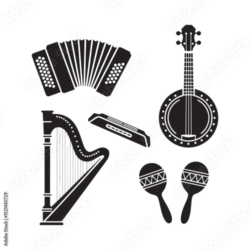 Black Silhouette of Folk Musical Instruments Accordion Guitar Banjo Harp Maraca