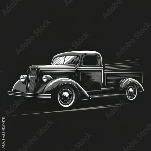 Classic vintage truck driving on an empty road at twilight with motion lines highlighting speed and style