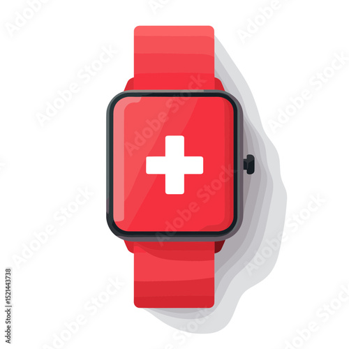 Red Smartwatch with White Medical Cross on White Background Promoting Health and Wellness Tracking