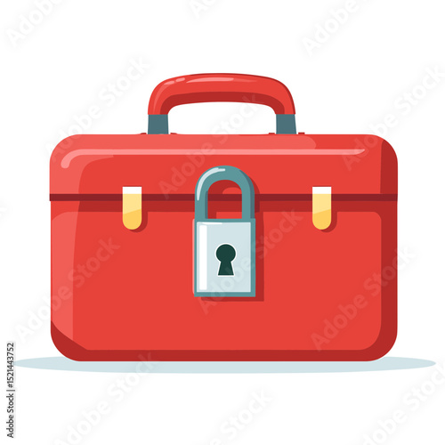 Red Toolbox with a Silver Lock and Metal Handle Offering Secure Storage for Hardware Equipment and Repair Tools in a Flat Vector Design