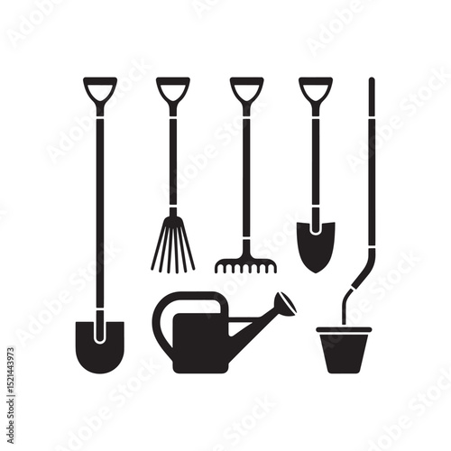 Black Silhouette of Garden Tools Rake Shovel Watering Can