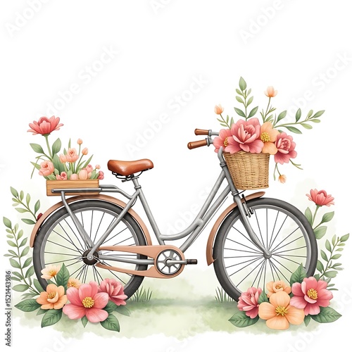 Vintage Bicycle with Flower Basket and Bouquet Watercolor Illustration