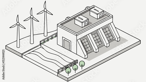 Isometric view of a power generation facility with wind turbines and a water channel on a platform area