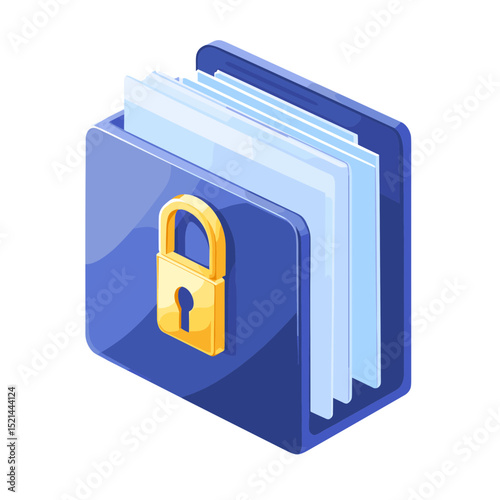 Secure Blue Folder with Golden Padlock for Digital File Protection and Data Privacy on White Background