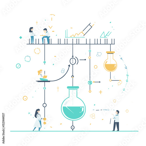 Science Laboratory Research and Experiment Illustration with People in White Coats and Scientific Equipment in Minimalist Style with Teal and Yellow Color Scheme