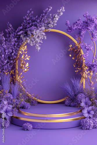 A purple podium platform with a golden frame,